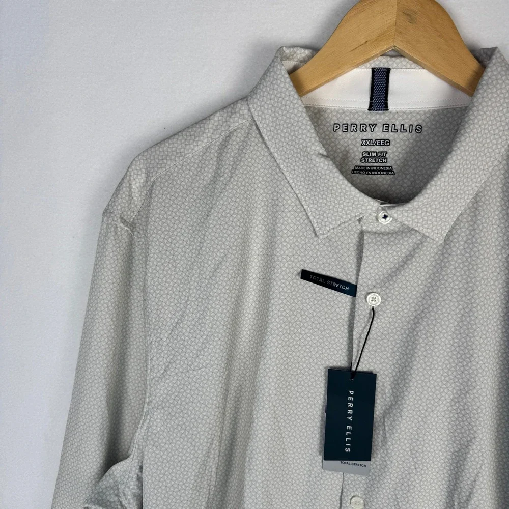 Perry Ellis Mens XXL Slim Fit Total Stretch Shirt Egret Geometric 4JFW7020PS NWT